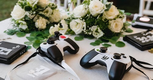 wedding table with a table cloth and a game controller