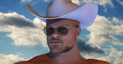 shirtless cowboy wearing cowboy hat and sunglasses