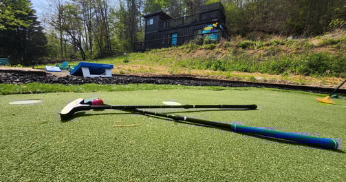 a pair of golf clubs on putting mat