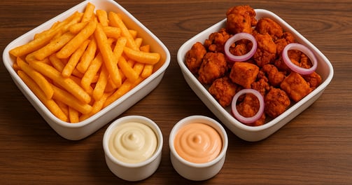 Cheesy Fries, paneer pakora and mayp sauce