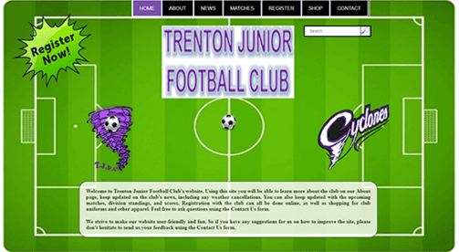 A ficticious home page for a football club named Trenton Junior Football Club