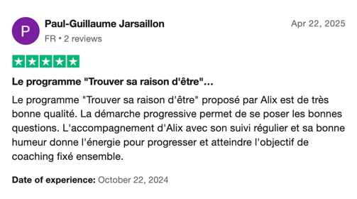 Avis 5 étoiles Trustpilot de Paul-Guillaume sur le programme Ikigai s'éveiller à sa raison d'être