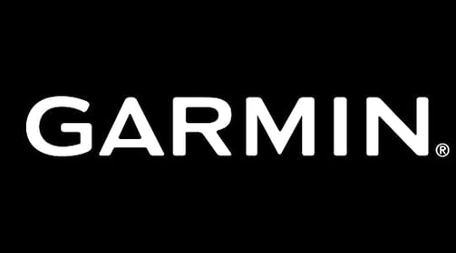 a black and white garmin logo on a black background