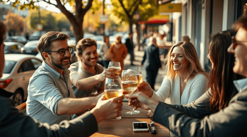 grupo de amigos brindando em uma mesa de bar