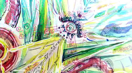 Aquarelle aux tons colorés entre l'abstrait et le cocret, pouvant représenter une frontiere entre mer et ciel, un uterus, etc