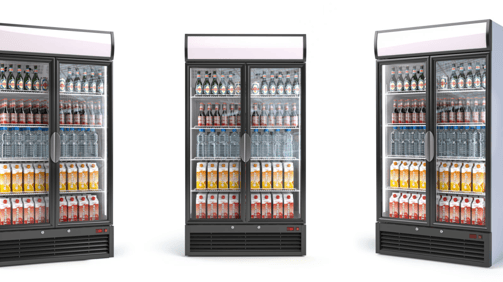 a refrigerator with two glass doors and a refrigerator