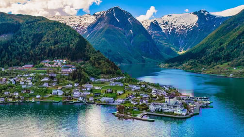 Balestrand town on Sognefjord with mountains