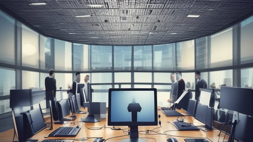 A group of people seated in a computer lab, each facing a desktop computer. The monitors display a website with text and colorful graphics. The room is dimly lit, with a presentation projected on a screen in the background. One person is holding a phone, and there are books or notebooks on the desk.