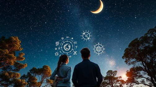 a couple looking at the stars and moon