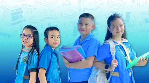 Shelomith students in blue uniforms holding books with illustrated school supplies in the background.