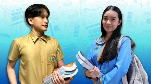 Shelomith Junior Highschool students in blue uniforms holding books with illustrated school supplies in the background.
