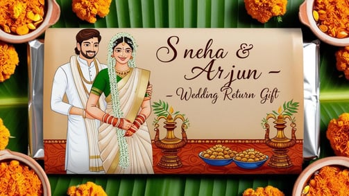 a couple in traditional indian wedding attire with a wedding gift Photo chocolates online