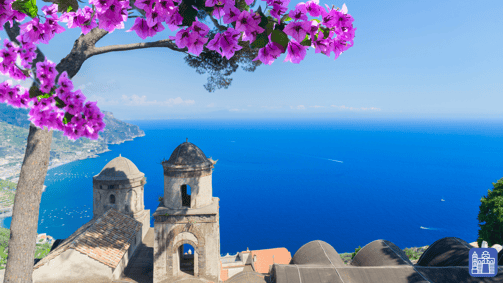 a church steeple with a view of the ocean from Amalfi Coast, Italy