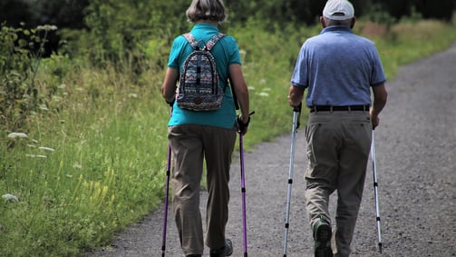 elderly senior adult male and female walking on path with walking sticks for exercise