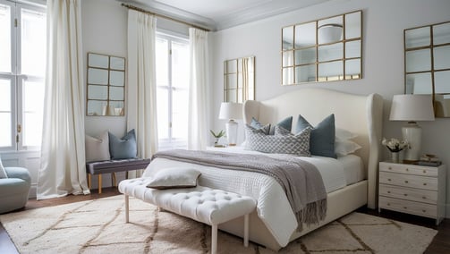 a bedroom with a bed and a bench in the middle of the room