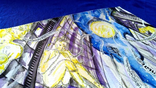 aquarelle aux tons violets et jaunes représentant l'arrivée d'êtres de lumière à contresens dans la 