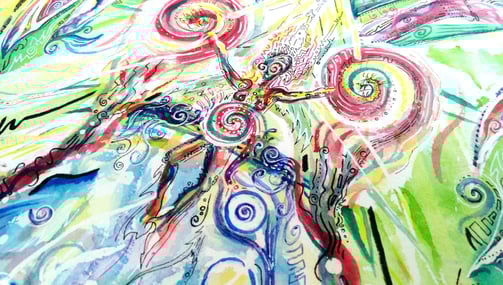 Aquarelle aux tons colorés entre l'abstrait et le cocret, pouvant représenter une frontiere entre mer et ciel, un uterus, etc