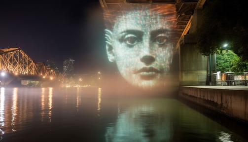 water mist projection, creating a hologram of a face from 19th century Brisbane, old and new, 3d