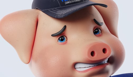 zoom no personagem cartoon, porco que trabalha numa ferragem, desastrado, 3D render, posição natural