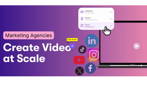 Marketing agencies and create video at scale on an image with social media icons and a laptop screen