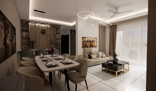 Louge, dinning and brakefast areas fully furnished & lit with a modern chandelier