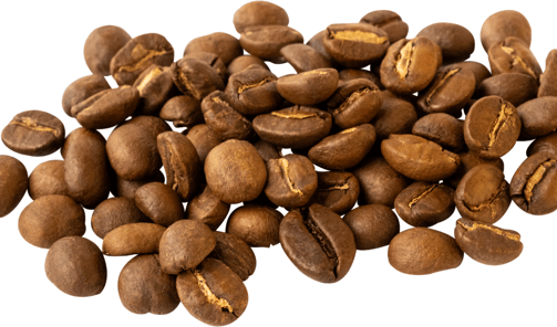 a pile of medium roasted coffee beans on a white background