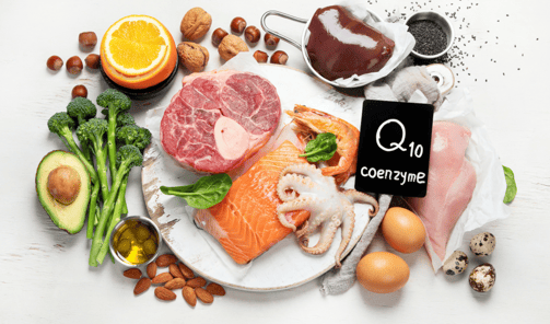 a plate of food with a sign that says Q10 coenzyme