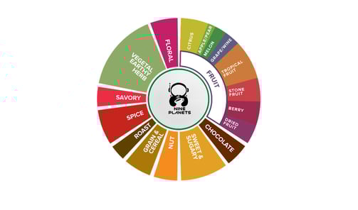 a circular wheel showing coffee flavors