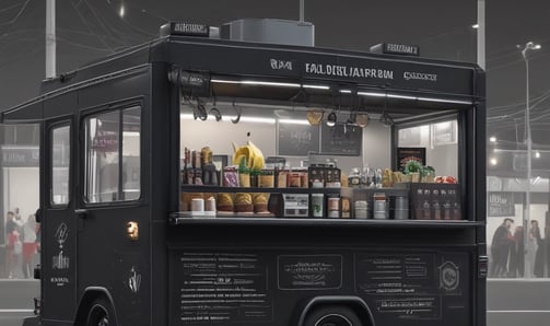 A brightly lit food truck with a yellow glow sits on a dark street at night. A person is sitting on the ground nearby, possibly enjoying their purchase. The truck is equipped with a menu board and string lights, creating a warm and inviting ambiance against the dark background. Buildings with illuminated windows can be seen in the distance.