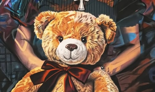a painting of a woman with a teddy bear, in an underground style