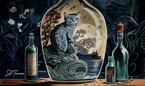 a bottle of alcohol with a cat in a bottle, fantasy, japanese style