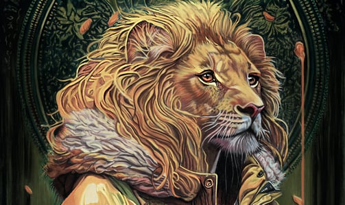 a lion with a yellow jacket and esoteric symbols in the background