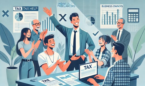 Illustration showing individuals, freelancers, and business owners benefiting from tax services