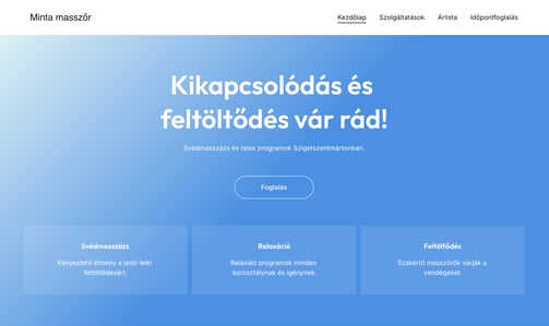 Masszázs weboldal nyitóképernyő – svédmasszázs, relaxáció és feltöltődés ajánlata kék háttérrel,
