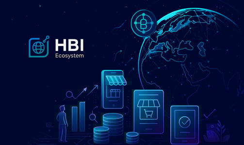Illustration of the global HBI Ecosystem connecting exporters, AI tools, and digital trade platforms worldwide.
