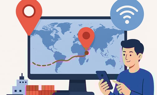 Illustration of a man using a smartphone to track a cargo ship in real-time, with a digital world map on a monitor, red route