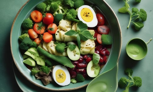 A neatly arranged assortment of healthy foods sits on a green background, including a clear water bottle, a bowl of dark green powder, leafy celery and lettuce, a banana, sliced kiwi, and a green apple.