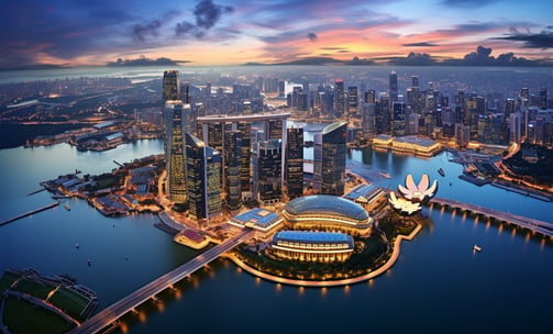 aerial shot of Singapore's skyline at sunset