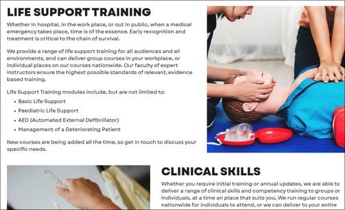 Screenshot of website with detailed explanations of 1664 Training Solutions services such as Life Support Training