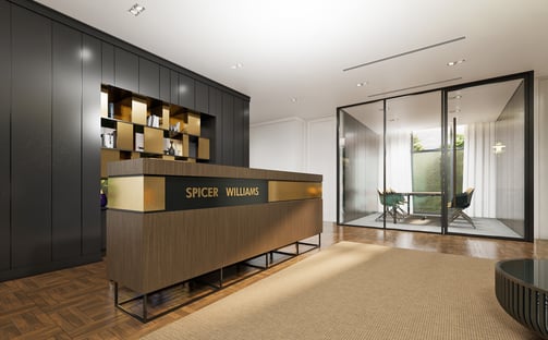 Prestigious law firm fit-out: custom reception shelving, glazed meeting room, refined private office