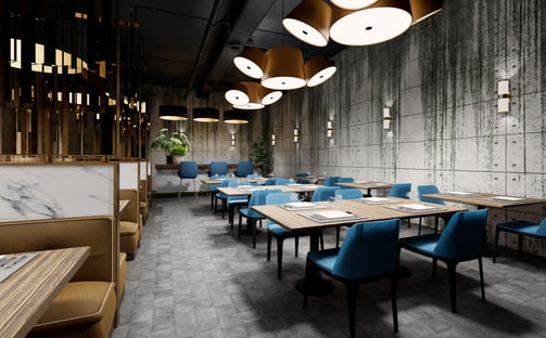 Moody French brasserie: raw concrete, veined marble, and gilded brass under constellation chandelier