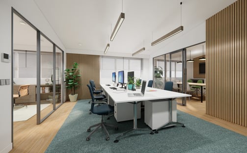 Budget-smart office redesign: 4 zones with modular furniture, glass partitions, sound-absorbing