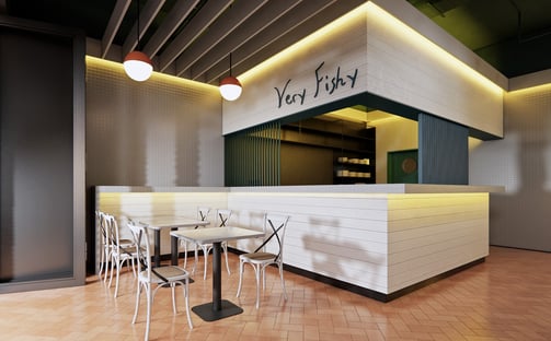 Very Fishy seafood restaurant: nautical-industrial design with LED bobber lights, repurposed oars