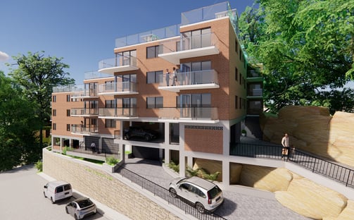 Strata remedial project: waterproofed rooftop terraces with glass balustrades, upgraded lobbies