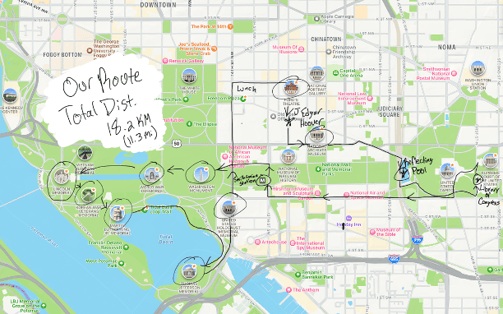 A map showing the route of travel in Washington DC and saying total distance 18.2 km