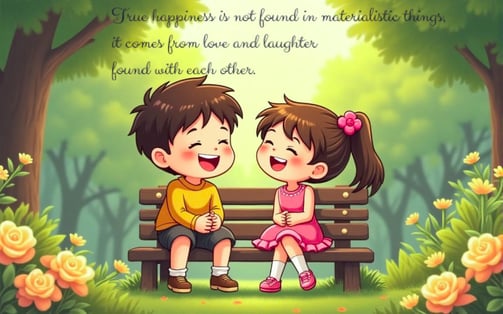 a couple of children sitting on a bench in a forest with a quote about love