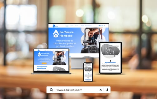 Mockup de présentation du site vitrine fictif Eau' Secure, plombier professionnel