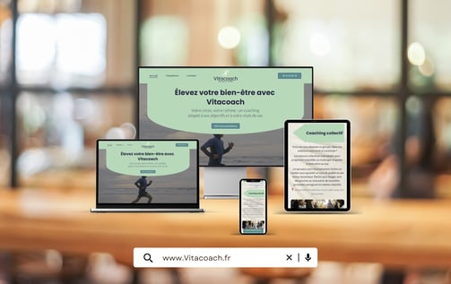 Mockup de présentation du site vitrine fictif Vitacoach, coach sportif et bien-être personnel