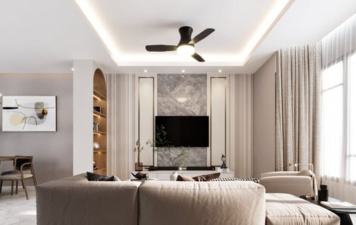 a living room with a couch and a ceiling fan