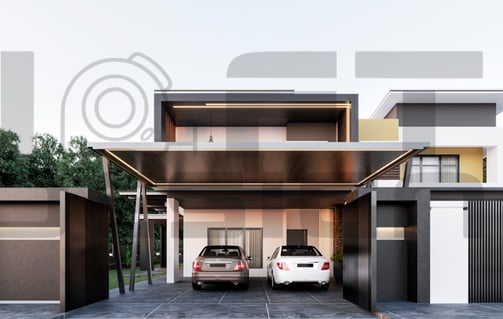 a modern house with a garage and a car parked in front of it